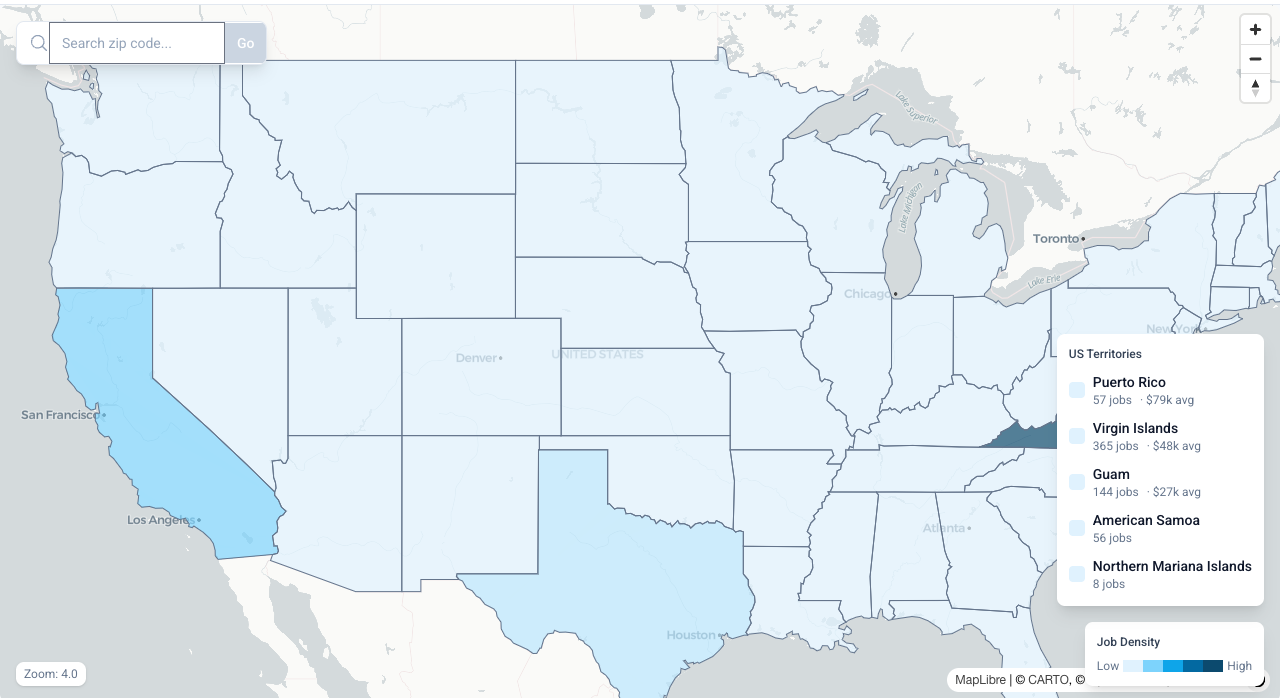 Interactive choropleth map of open government jobs by state, with job density legend and territory panel